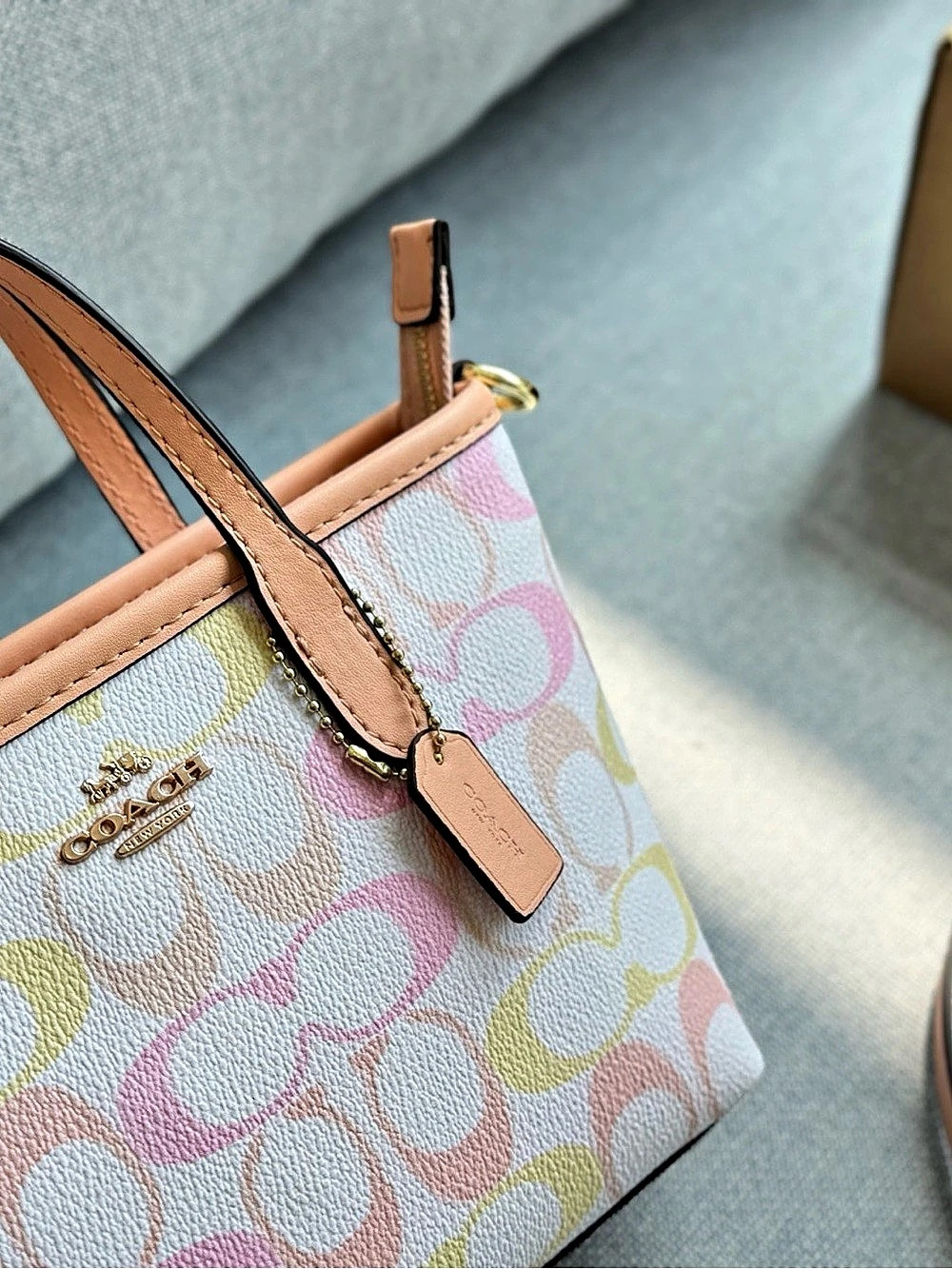 Coach City Mini Tote Bag in Signature Canvas Pink & White